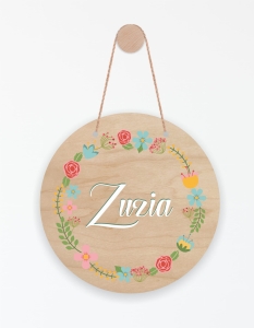Drewniana tabliczka z imieniem - okrągła - Kwiaty