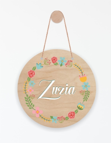 Drewniana tabliczka z imieniem - okrągła - Kwiaty