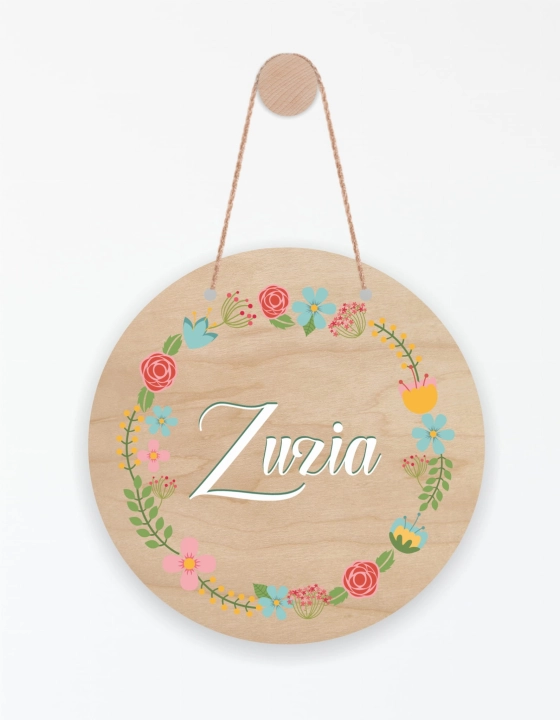tabliczka drewniana z imieniem na drzwi okrągła kwiaty 02.jpg