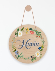 Drewniana tabliczka z imieniem - okrągła - Kwiaty
