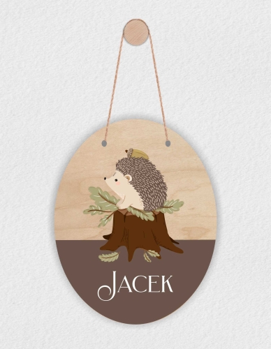 Drewniana tabliczka z imieniem - owalna - Jeż 01