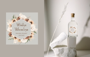 Przezroczyste etykiety na wódkę weselną Boho 08