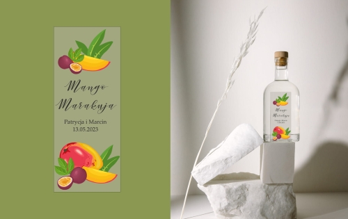 Personalizowana Etykieta na Mango Marakuję (3 Warianty) | Naklejka na Wódkę Weselną Mango Marakuja z Datą i Imionami
