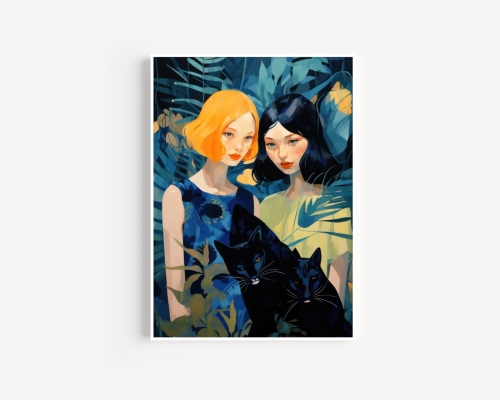 Plakat / Plakat na piance - Dwie dziewczyny i koty