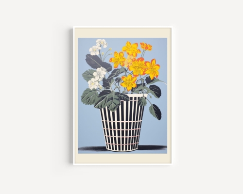 Plakat / Plakat na piance - kwiaty w granatowo białej doniczce