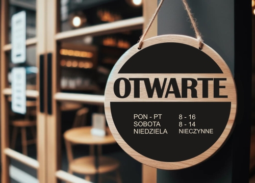 Drewniana dwustronna tabliczka otwarte/zamknięte z godzinami otwarcia