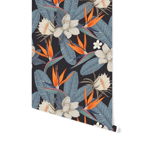Okleina na meble - Granatowa Dżungla: Strelicja & Kremowe Kwiaty - 81