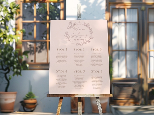 Plan stołów weselnych na płycie piankowej - Pudrowy róż 