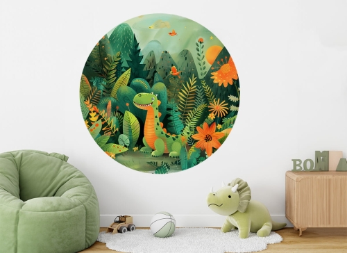 Okrągła Naklejka na Ścianę do Pokoju Dziecka z uśmiechniętym dinozaurem