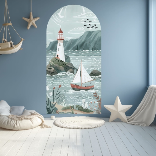 Naklejka z łukiem do pokoju dziecięcego - Statek i latarnia morska