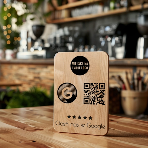 Drewniana Tabliczka z logo z kodem QR - oceń nas w Google 