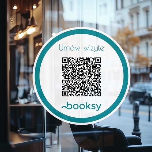 Biała naklejka samoprzylepna z  kodem QR - do rezerwacji wizyty Booksy