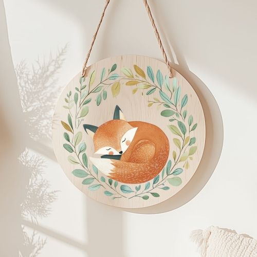 Drewniana tabliczka do pokoju dziecka - okrągła - Śpiący lisek