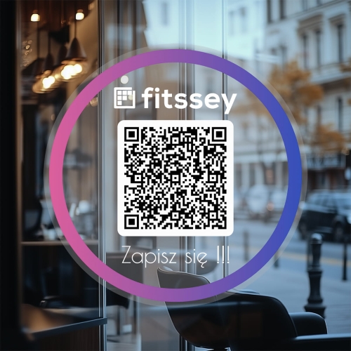Przezroczysta naklejka samoprzylepna z  kodem QR - do zapisów / rezerwacji w Fitssey