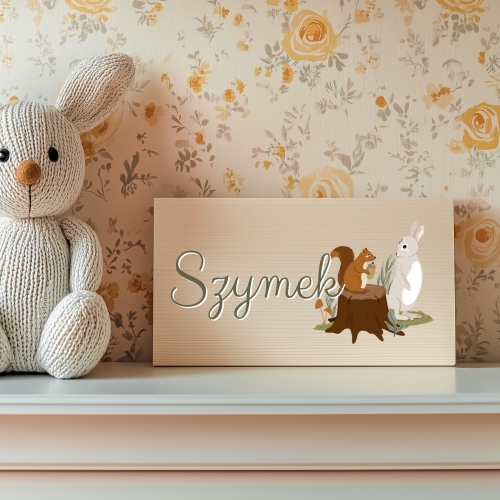 Drewniana tabliczka z imieniem - leśne zwierzątka