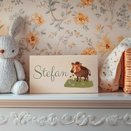 Drewniana tabliczka z imieniem - leśne zwierzątka - dzik