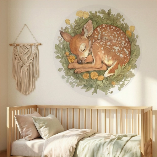 Okrągła Naklejka na Ścianę do Pokoju Dziecka - Śpiąca Sarenka w Kwiatach” 