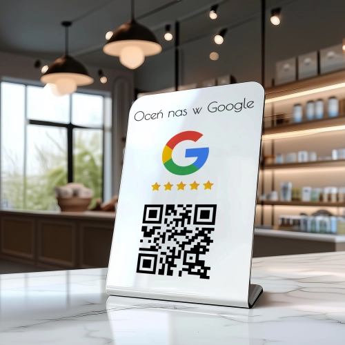biały stand akrylowy z kodem QR google 01b.webp
