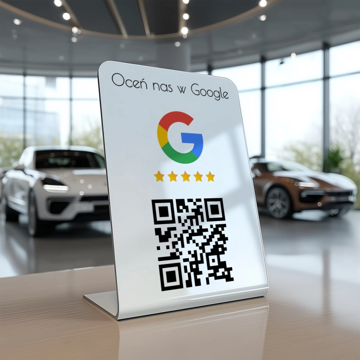 biały stand akrylowy z kodem QR google 01c.webp