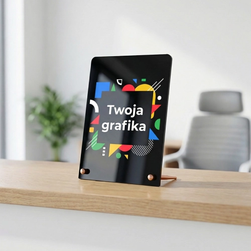 Czarna tabliczka akrylowa z aluminiowymi nóżkami – stand z Twoją grafiką - różne rozmiary