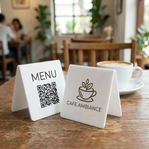 biała Tabliczka akrylowa na stolik z kodem qr do menu i logo 01.webp