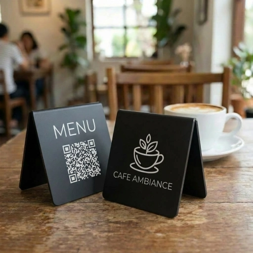 Czarny akrylowy stojak z kodem QR do menu i Twoim logo