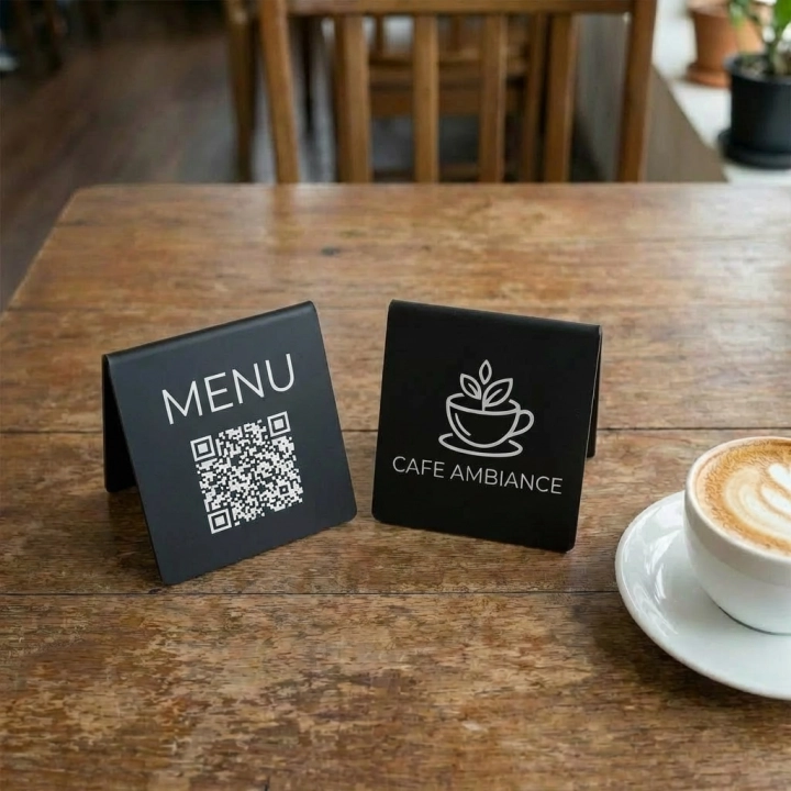 czarna Tabliczka akrylowa na stolik z kodem qr do menu i logo 02.webp