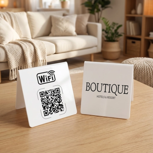 Biały akrylowy stojak z kodem QR do Wifi i Twoim logo 